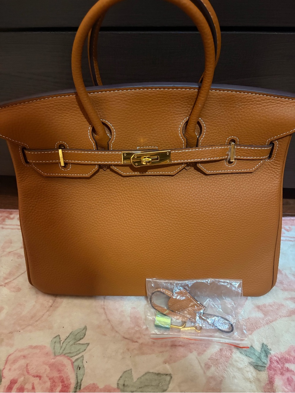 Classic Tan Leather Top-Handle Satchel- Birkin inspired real leather